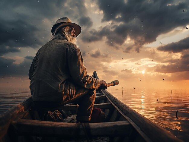 Pescador de pé no barco com a captura do dia contra um fundo cênico