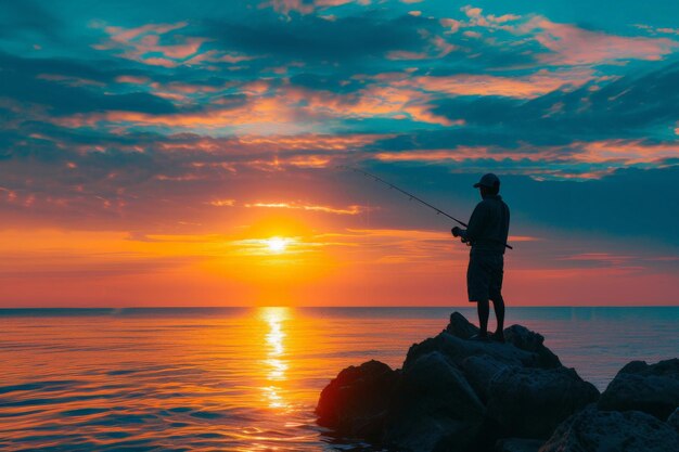 Pescador desportivo com silhueta de pôr-do-sol Pescador