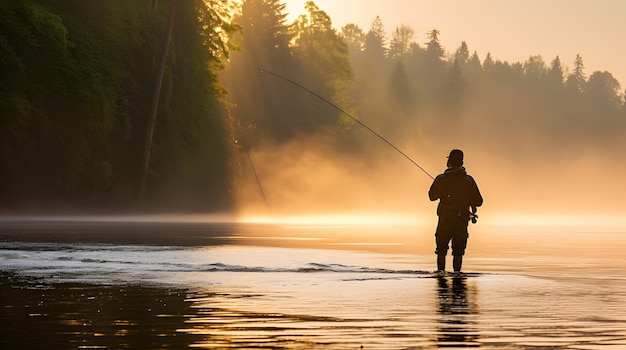 Un pescador echando una línea durante una mañana de pesca pacífica