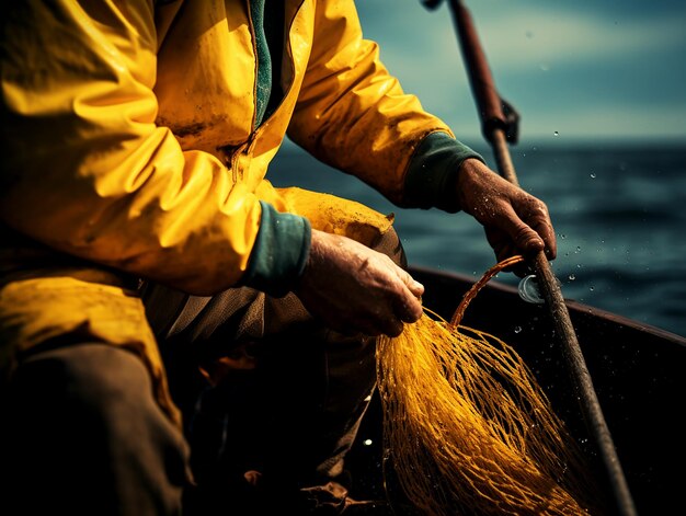 Pescador em rede de águas-vivas amarelas