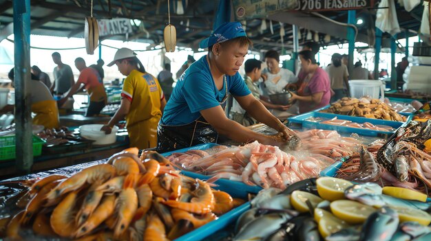 Foto un pescador enjuaga algunos peces en un mercado concurrido el mercado está lleno de personas que compran y venden mariscos