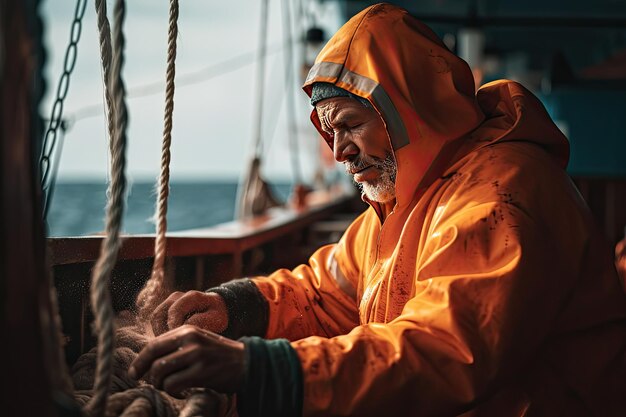 Un pescador experimentado enrollando la cuerda en la cubierta del barco