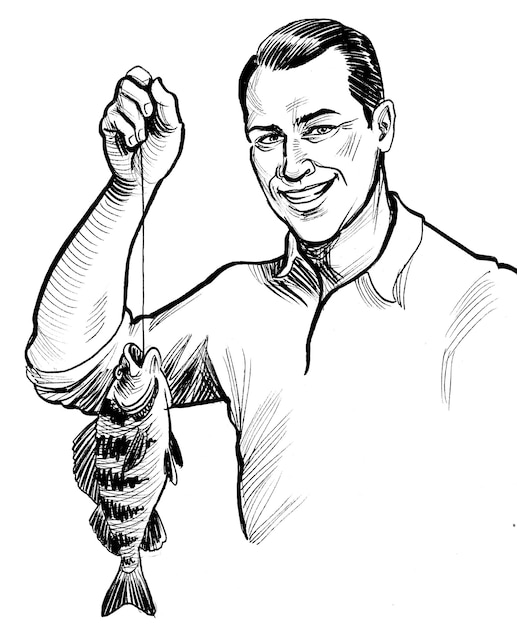 Pescador feliz con pescado atrapado dibujo en blanco y negro