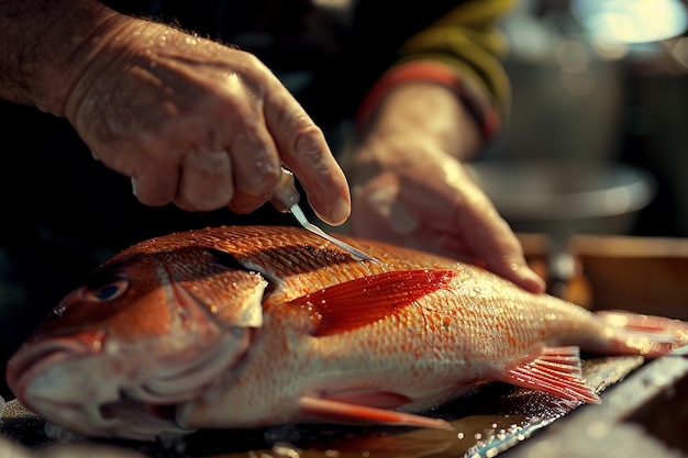 Un pescador fileteando un pescado crudo entero para un cliente