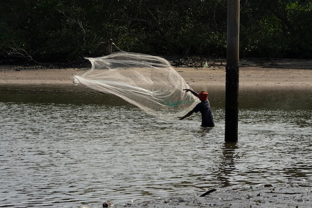 pescador irreconhecível da costa distante jogando rede de pesca para capturar peixes