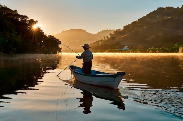 pescador en el lago