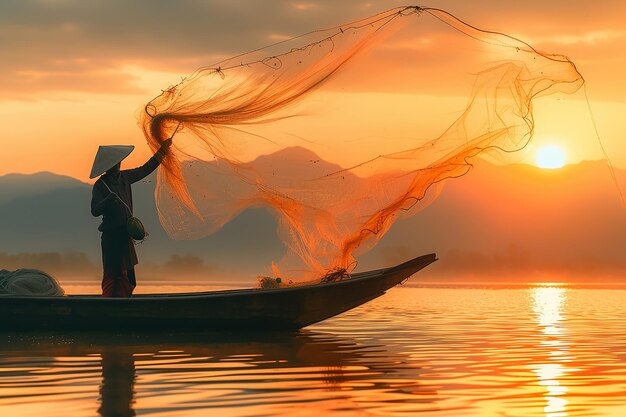 Pescador lançando sua rede do barco e vista do pôr-do-sol