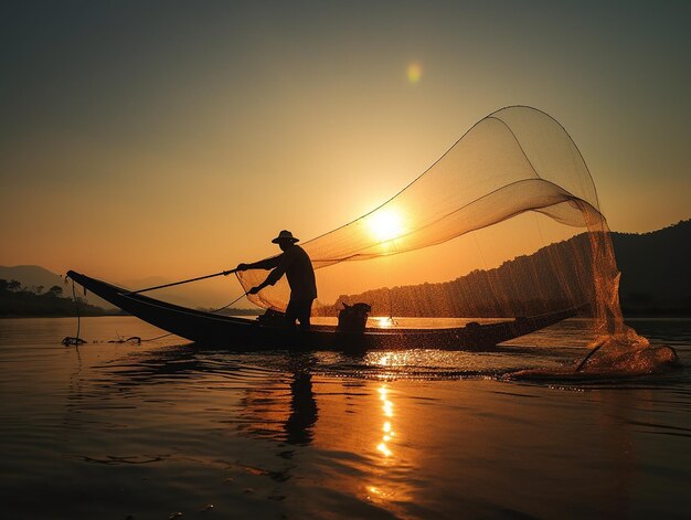 Un pescador lanza una red en el lago en Twilight Action Shot