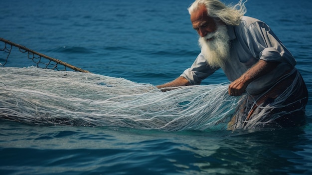 Un pescador lanza una red con una toga de espuma marina