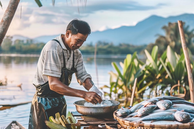 Pescador limpando peixe cru em uma doca à beira da água