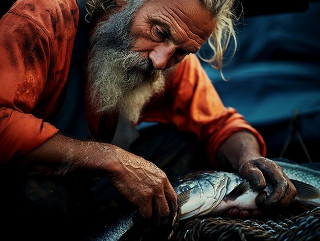 Foto pescador limpiando las redes