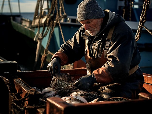 Foto un pescador en maine descarga su captura