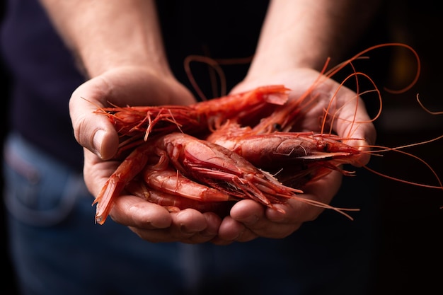 Pescador Mazra del vallo sosteniendo gambas frescas aisladas sobre fondo negro