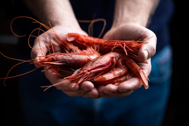 Pescador Mazra del vallo sosteniendo gambas frescas aisladas sobre fondo negro