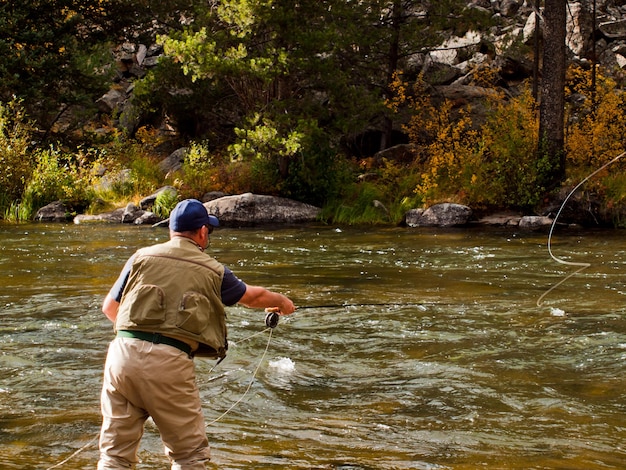 Pescador con mosca en Taylor River, Colorado.