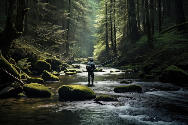 Un pescador de moscas pescando en un pequeño arroyo en el gran bosque de montaña