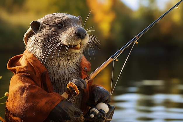 Foto pescador nutria antropomórfica con una caña de pescar animal imaginario gracioso