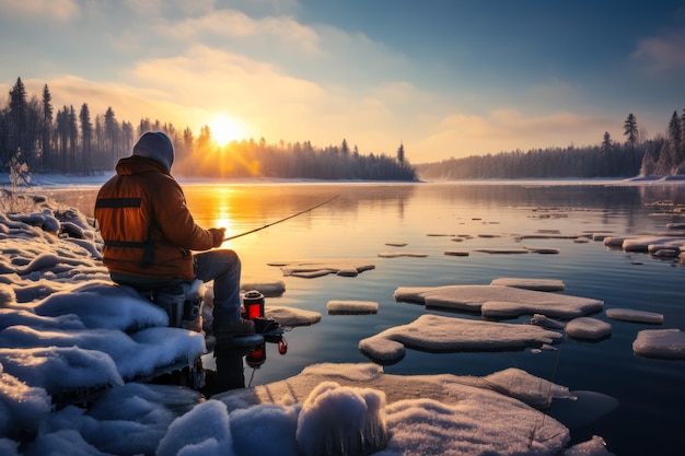 pescador en la orilla de un río invernal ai generativo