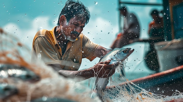 Pescador pega atum no barco pela manhã