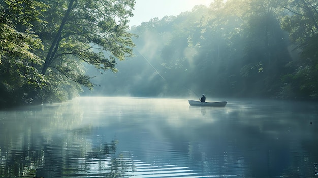 Un pescador en un pequeño bote en un lago brumoso al amanecer el agua está tranquila y quieta y los árboles de la orilla se reflejan en el agua