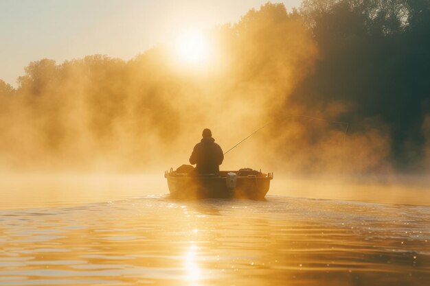 Pescador pescando em um lago cênico ao amanhecer, silhueta com névoa matinal