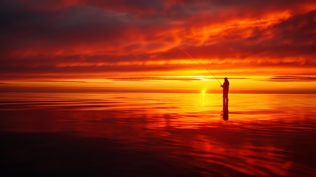 Foto un pescador está de pie en medio de un lago rodeado por una puesta de sol roja de fuego el agua está tranquila y todavía refleja los vibrantes colores del cielo