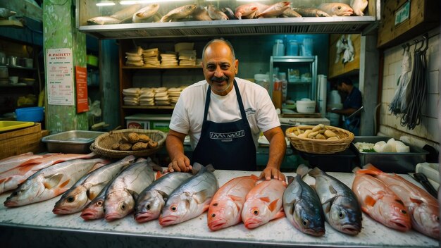 Un pescador preparando mariscos detrás de un mostrador de vidrio en un mercado