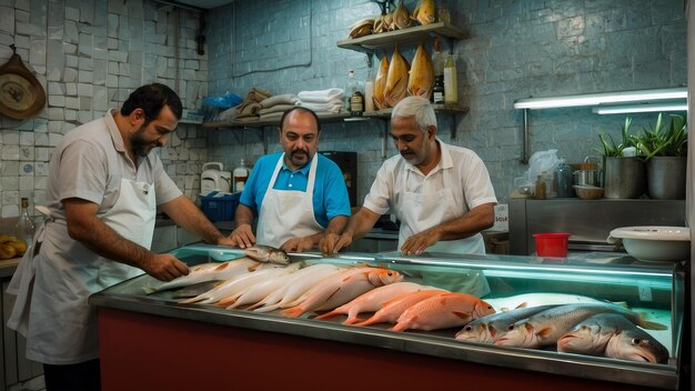 Foto un pescador preparando mariscos detrás de un mostrador de vidrio en un mercado