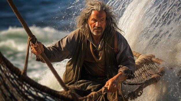 Foto un pescador romano con una túnica áspera lanza una red a las aguas turbulentas