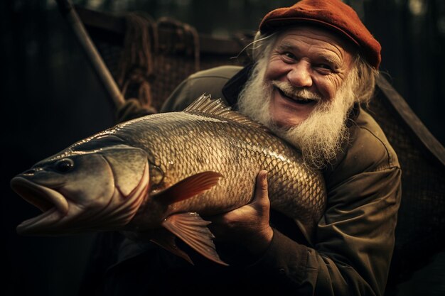 Pescador segurando alegremente um peixe grande que pegou em um grande lago