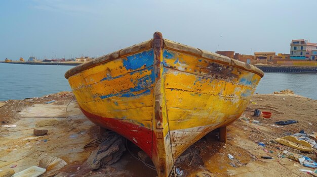 Un pescador senegalés reparando su colorido barco en las costas de Dakar 4k ultra hd