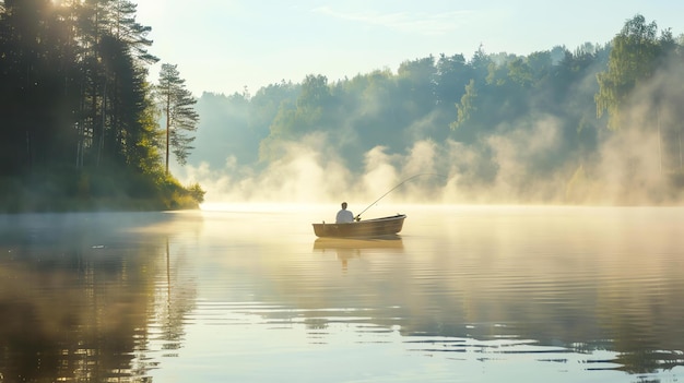 Un pescador solitario en un barco en un lago brumoso al amanecer el agua está tranquila y quieta y los árboles de la orilla se reflejan en el agua