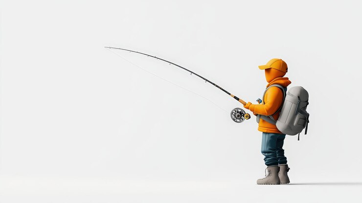 Un pescador solitario con un vestuario naranja vibrante lanzando una línea contra un telón de fondo minimalista que encarna t