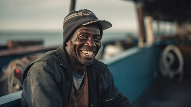 pescador sonriendo en un barco con el fondo del océano