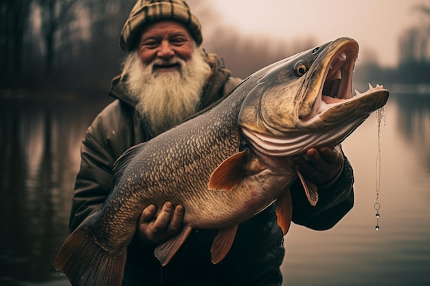 Pescador sosteniendo alegremente un pez grande que pescó en un gran lago