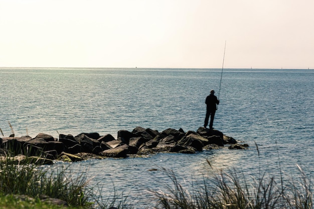 pescador trabajando en piedras junto al mar con horizonte y sol brillante