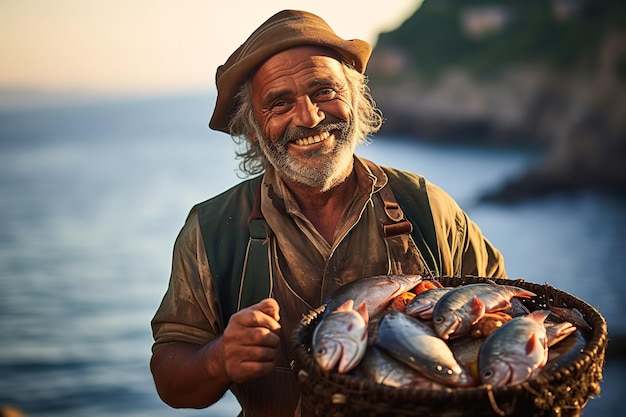Pescador turco com suas capturas frescas à beira-mar