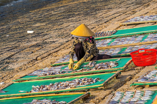 Pescador de vista superior en el pueblo de pescadoresEstaban secando pescado fresco en una rejilla de madera para el mercado Pescado de corvina seco tradicional secado en bastidores Concepto de estilo de vida