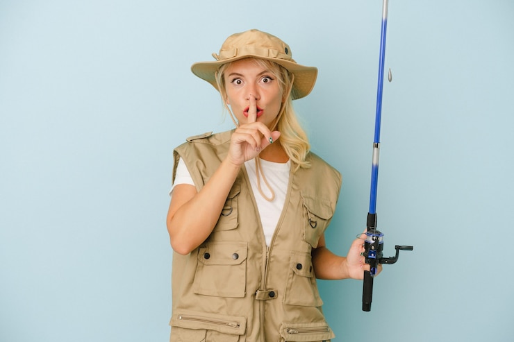 Foto pescadora rusa joven aislada sobre fondo azul manteniendo un secreto o pidiendo silencio.