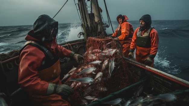 Pescadores en barco en alta mar