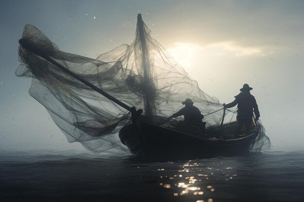 Pescadores com redes cheias