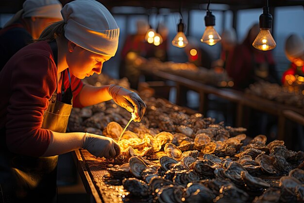 Foto los pescadores cultivan e investigan almejas en granjas orgánicas para venderlas en el mercado como ingredientes en restaurantes