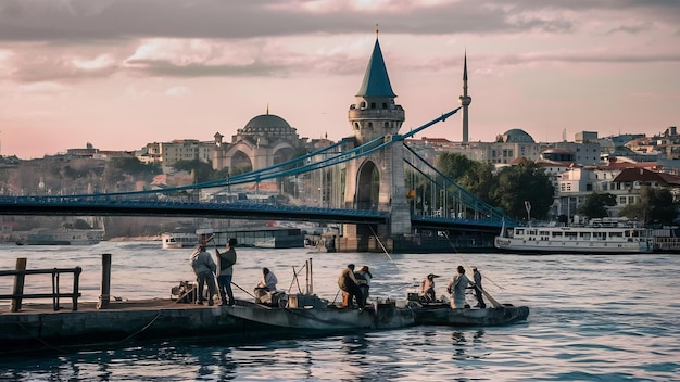 Pescadores na ponte de Galata, em Istambul, com a paisagem da cidade e a torre de Galata ao fundo