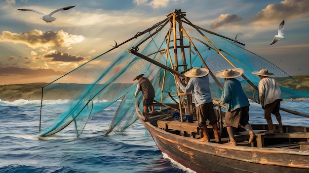 Foto pescadores num barco a pescar com uma rede