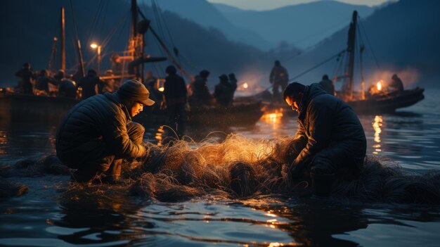 Pescadores pescando no mar à noite no Vietnã