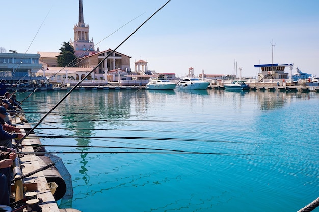 Pescadores en puerto en día soleado