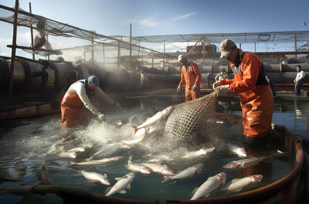 Foto los pescadores sacan los peces de las redes pesca industrial ia generativa