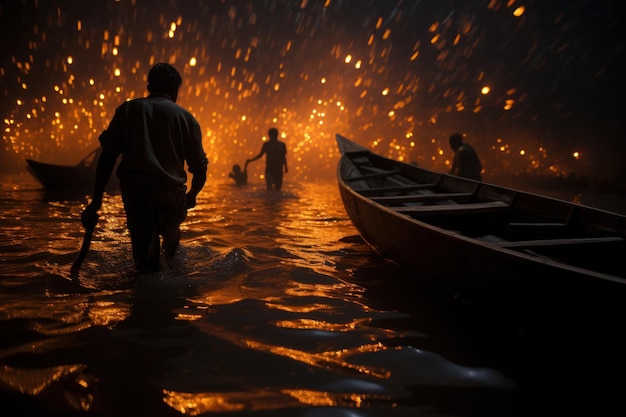 Pescadores tailandeses segurando tochas em seus barcos