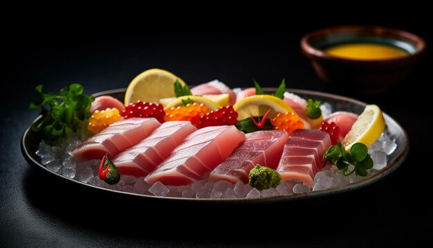 Pescados y mariscos frescos y carne en un plato negro Comida delicatessen japonesa generada por IA