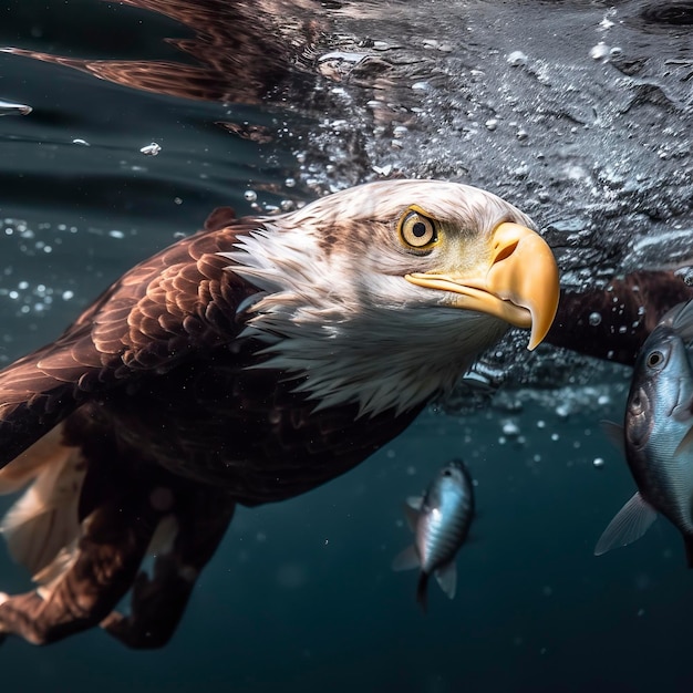 Pescando con águila calva, un águila calva frente a la cámara captura un pez fuera del agua al estilo del súper teleobjetivo ganador del concurso de National Geographic en primer plano AI Generative